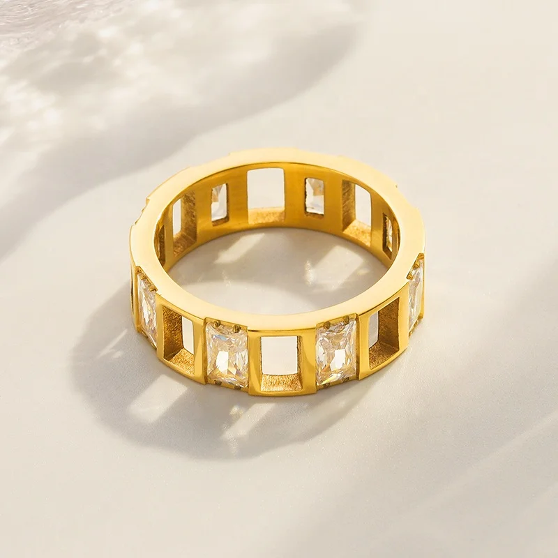 COOL Minimalist Gold Plated Finger Rings Women Stainless Steel Hollow Cubic Zircon Rings for Women
