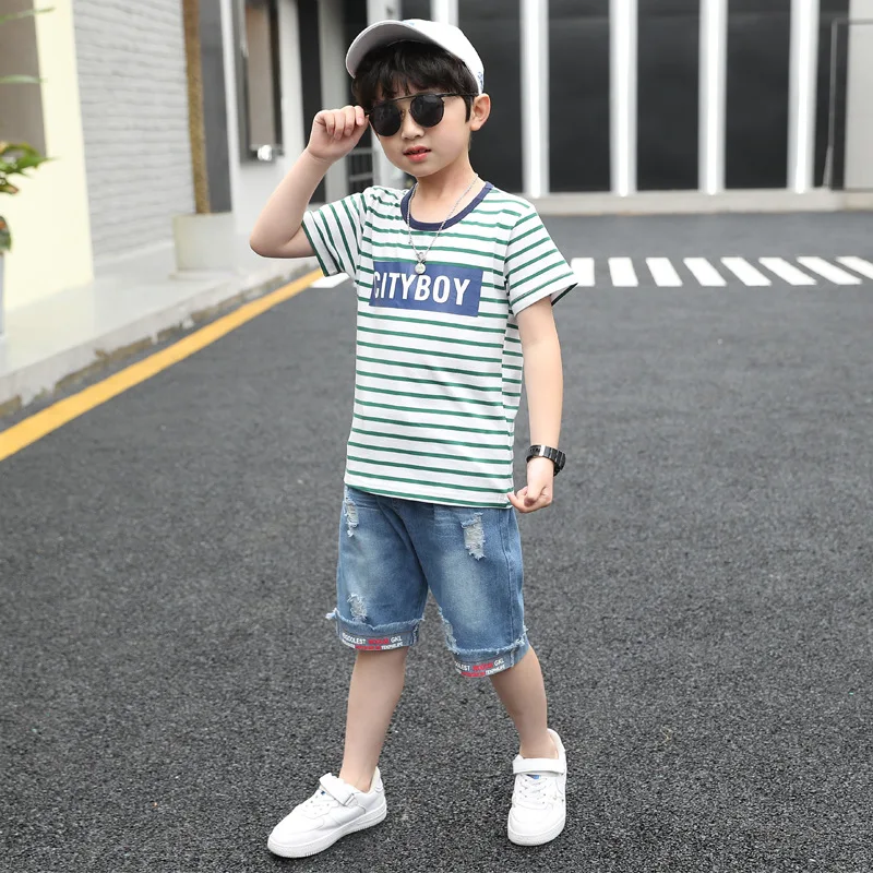 Korean Style 2022 Boy's Summer Stripe Fashion Suit Children's Short-sleeved  Summer Clothes Boy's Two-piece Clothes Trendy - Buy Kids Printed T Shirt, Boys Printed T Shirt,Boys Denim Product on 
