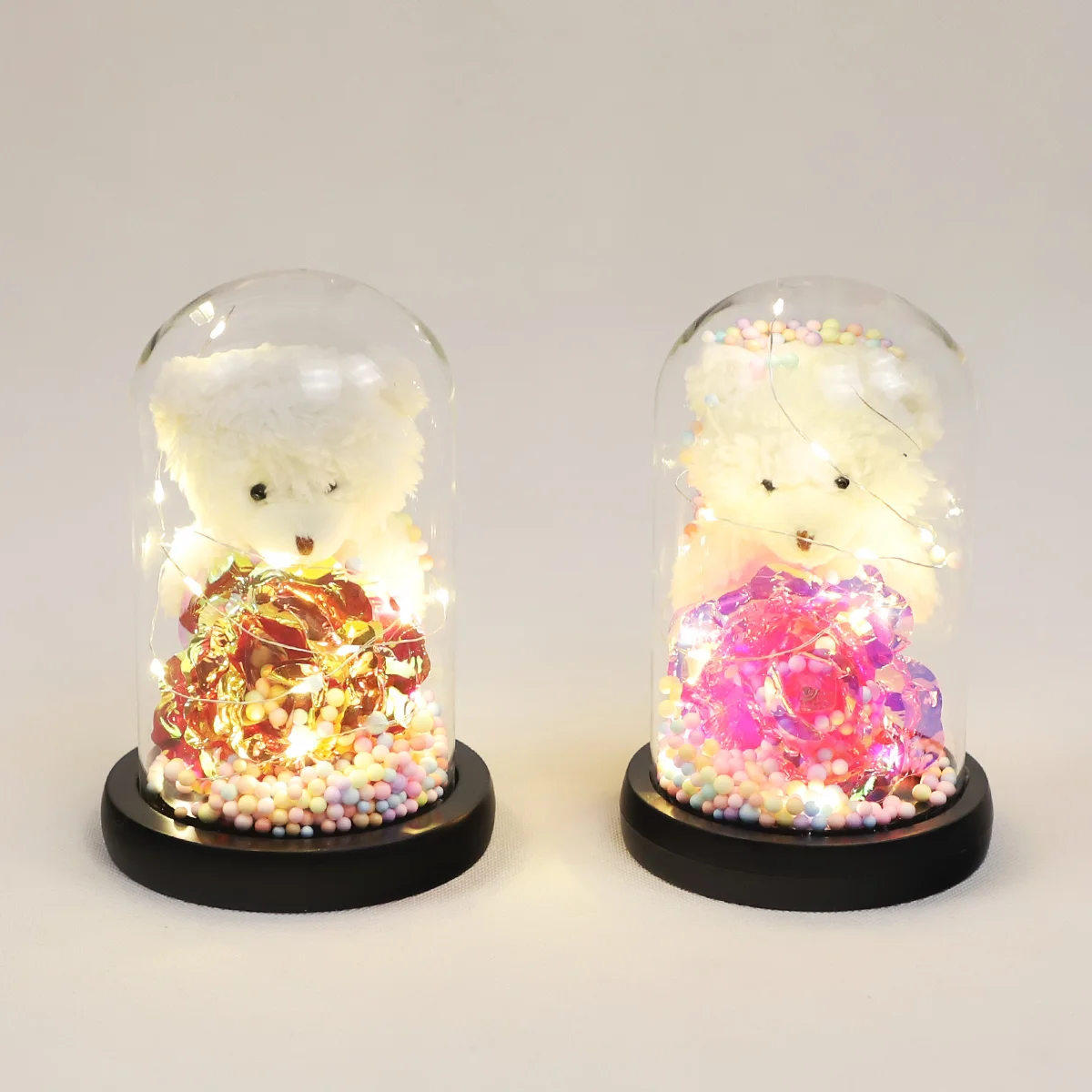 Artificial Flower With Mini Cute Bear Glowing Decoration Mother's Day Battery Operated Shiny Home Table Flower Dome Glass Craft