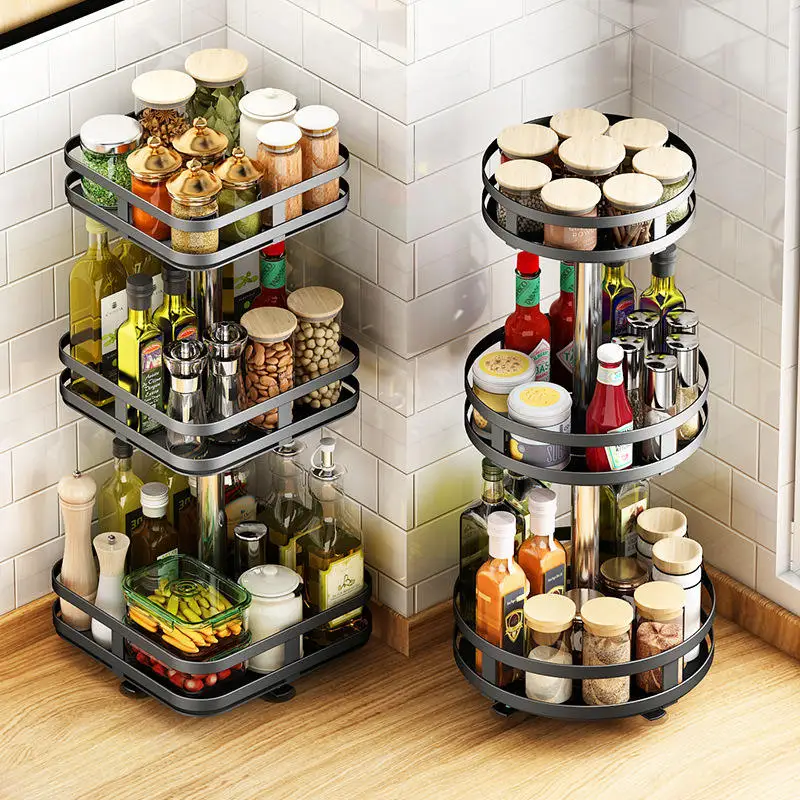 Revolving Kitchen Spice Jar Bottle Rack 1/2/3 Tier Multifunction Rotating Spice Storage Organizer Rack Carbon Steel Household details