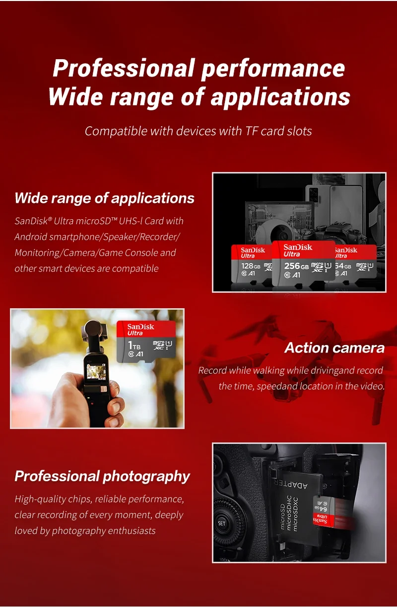 SanDisk Micro SD Card C10 32GB 64GB 128GB 256GB 512GB up to 150MB/s Microsd Memory Card 1TB A1 Flash TF Card for Phone