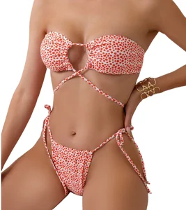 Custom Bandeau Bikini Women's Swimwear Sexy Floral Print Tie-Front Plus Size Bikini Beach Swimwear for Hot Spring & Summer Day