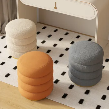 Round Storage Ottoman, Modern Sherpa Footstool, Teddy Vanity Stool with Flip-Top Tray, Makeup Chair for Home Decor