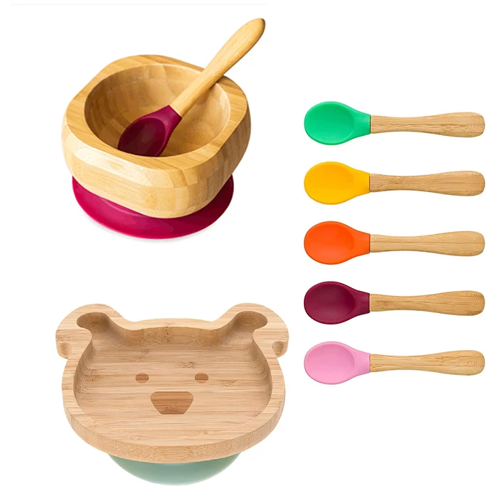 Child Kid Food Feeding Eating Toddler Soft Silicone Wood Bamboo Suction Baby Bowl Plate Set With 5 Pack Spoon Set Buy Bamboo Suction Baby Bowl Set Lid And Spoon Bamboo Suction Baby