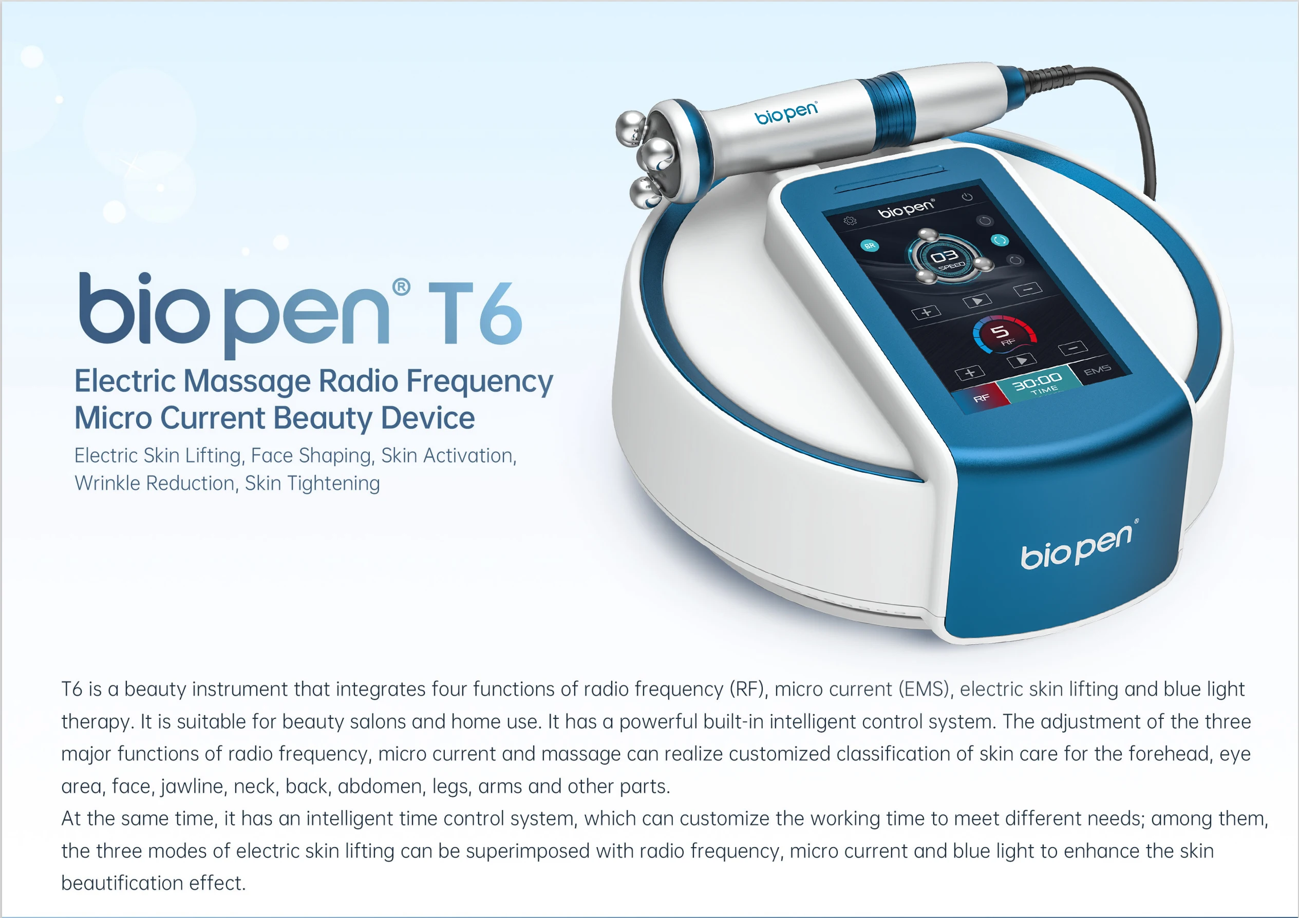 Ems electric massage radio frequency micro current beauty device with 360 rotating led blue light