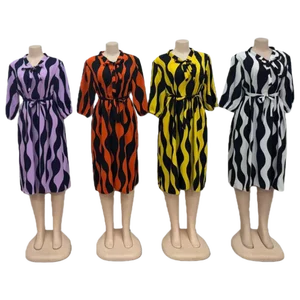 New Women Summer Fashion Long Sleeve Vintage Print Lace-up Elegant A- Line Casual Dress