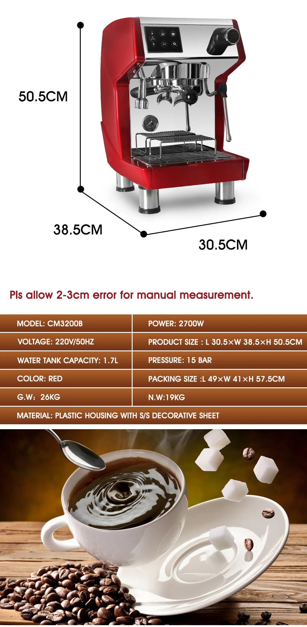 HOMCOM Cafetera Semiautomática 850W de 15 Bares de Presión con Depósit –  Bechester