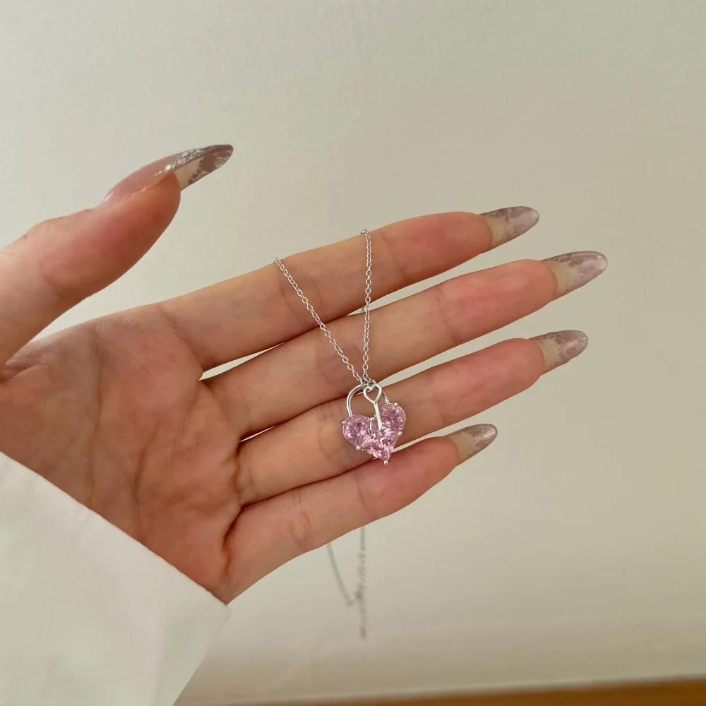KAKODIY Cute New Design Women's Dress Up Jewelry 925 Sterling Silver Chain Pink 2ct 5A Cubic Zirconia Heart Shape Key Pendant Necklace Jewelry detail 4