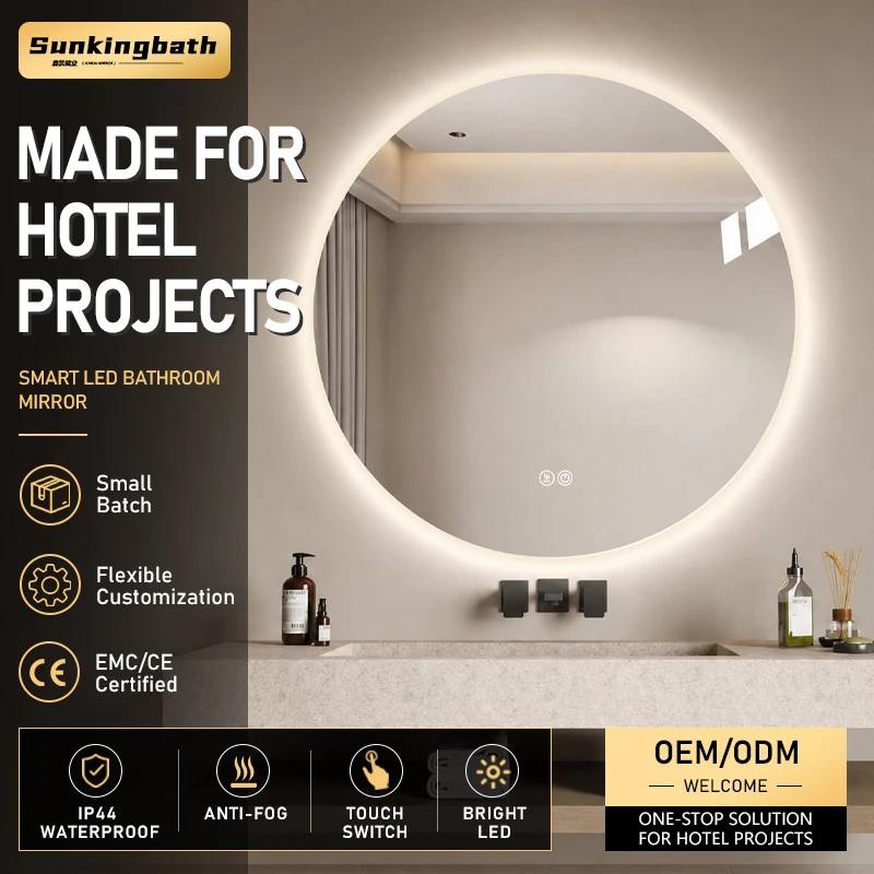 Villa Project Round Smart Mirror Fogless Backlit Led Toughened Mirror Lighted Plug Powered Bathroom Touch Mirror with Led