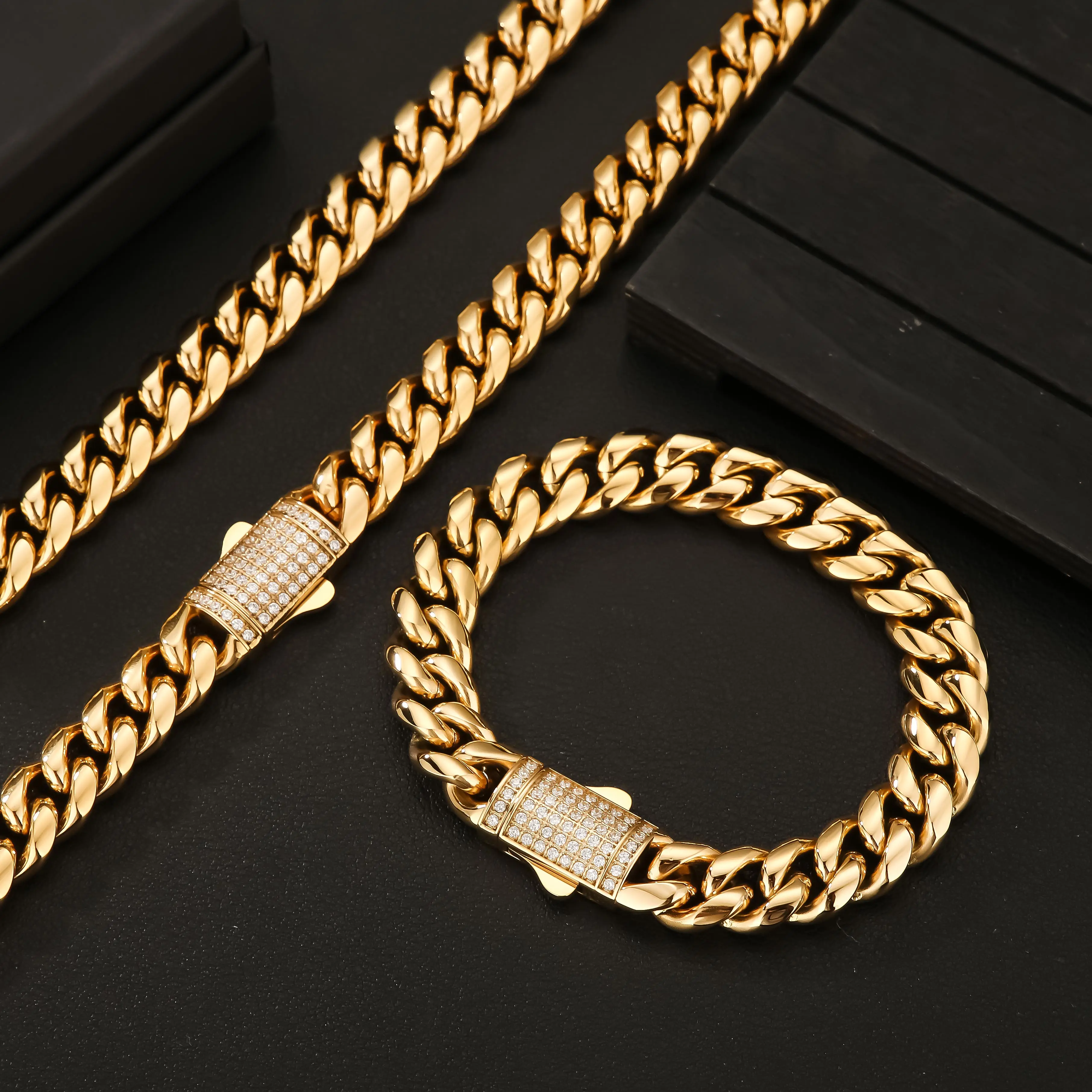 12mm Hip Hop 18K Gold Plated Jewelry Wholesale Stainless Steel Miami Cuban  Link Chain CZ Iced Out Gold Bracelet Necklace for Men