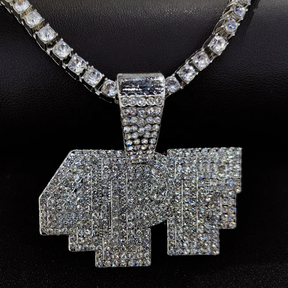 RQ Hot Sell 5mm Tennis Chain Alloy with Bling Rhinestone Hip Hop 4PF Letter Pendant Necklace