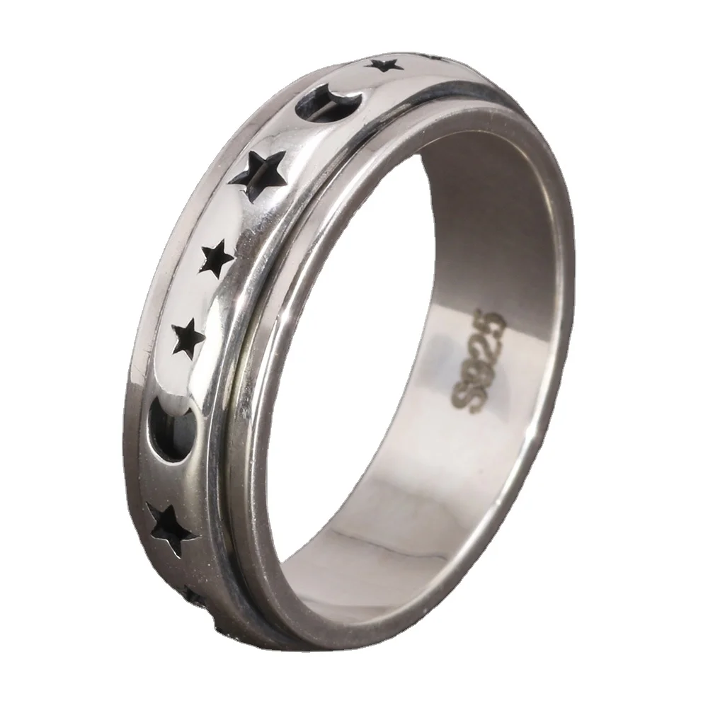 Real 925 Sterling Silver Spinner Band Ring Moon Star Celtic Stress  Relieving Anxiety Ring Gifts for Men and Women