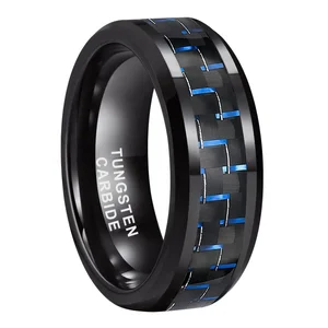 Coolstyle Jewelry 8mm Black Tungsten Ring Men Women Engagement Wedding Band Black Blue Carbon Fiber Inlay Beveled Comfort Fit