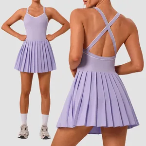 Custom LOGO Women Tennis Dress Workout GYM Fitness Wear Sleeveless Slim Sport Skirt Tennis Skirt Set for Women With Pocket