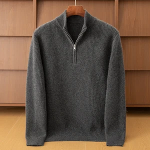 Customizable XXL Men's Business Cardigan Pure Cashmere Breathable Anti-Pilling Quick Dry Semi-Zipper Knitted 3D Pattern Logo