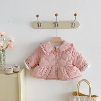 Winter New Korean Style Printed Thickened Cotton Padded Fleece Jacket with Lapel Collar Cardigan Girls Baby Coat