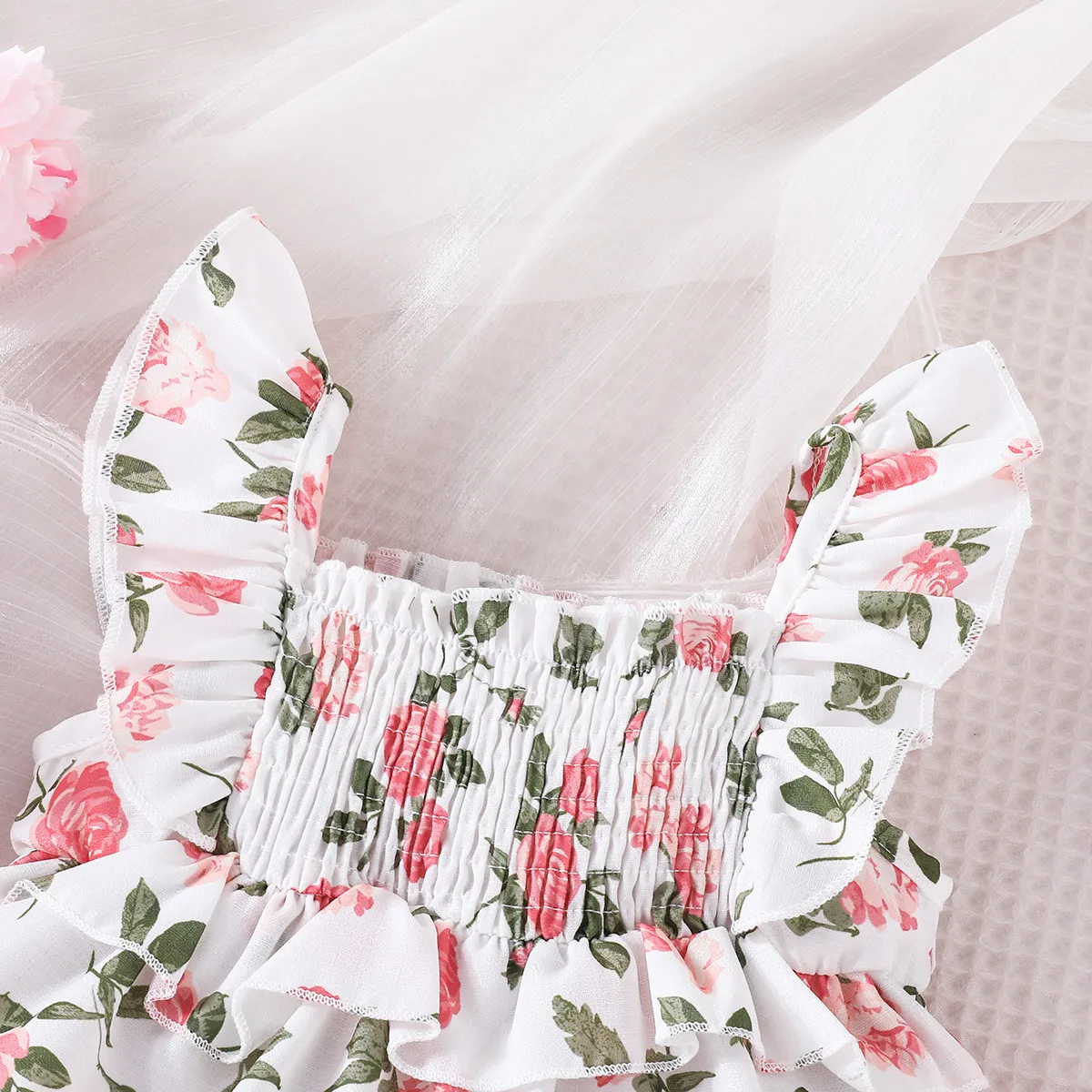 2023 Newborn Baby Girl Fashion Clothing Sets Fly Sleeve Ruched Floral