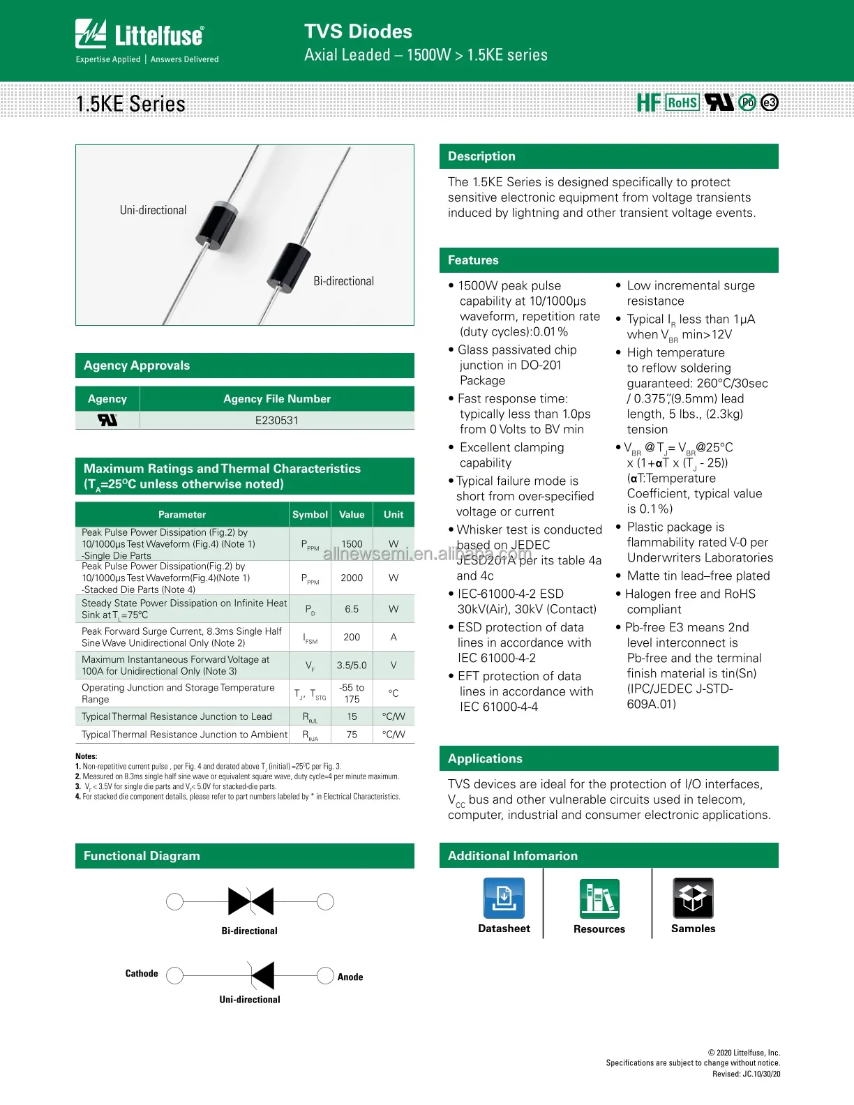 Hot sale Original Diodes 1.5KE200CA TVS D5.4X7.5 171V 1500W BIDIR 274V Clamp 5.5A Ipp Tvs Diode Through Hole DO-201