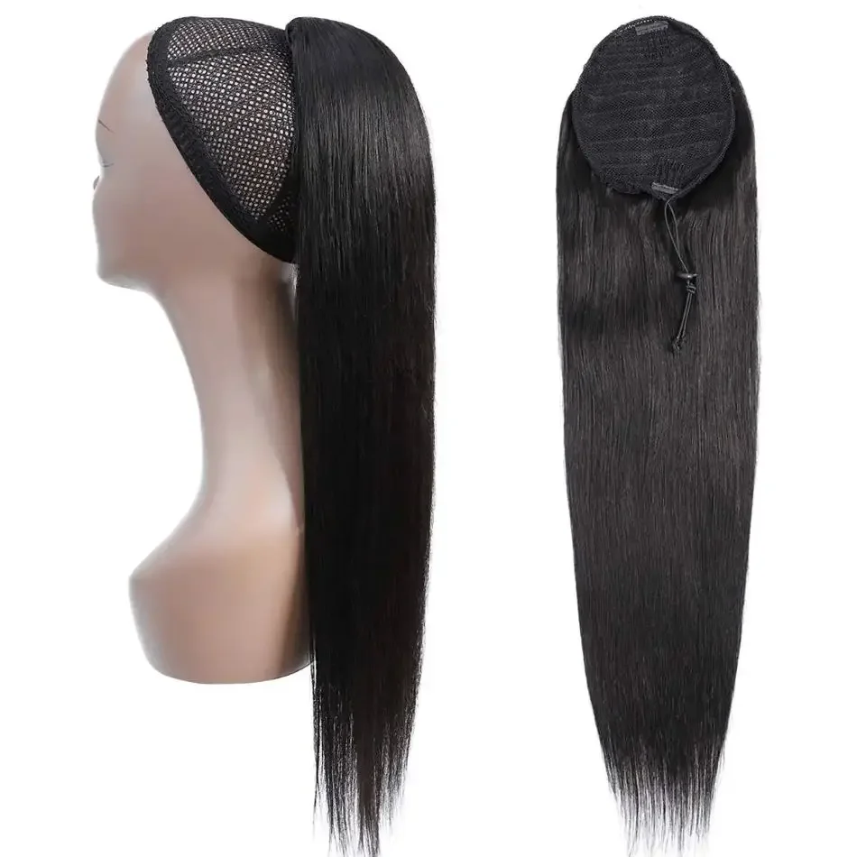 Drawstring Ponytail Straight Remy Human Hair Brazilian Hair Ponytail With Clips 1 Piece Natural Black 16-26 Inch Women Hairpiece_voghion.com