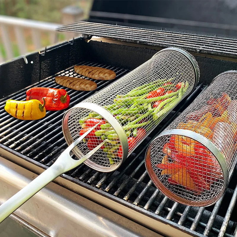Cestello per barbecue in acciaio inox, 2 pezzi, accessori per barbecue con manico in legno, cestino cilindrico per barbecue all'aperto, cestino per verdure alla griglia, spiedini per carne, frutti di