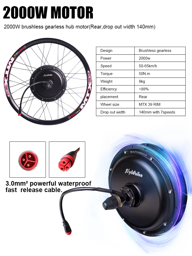 Waterproof Ce 48v 52v 1500w 2000w Mtx39 Ebike E Bike Electric Bicycle Hub Motor Wheel Conversion