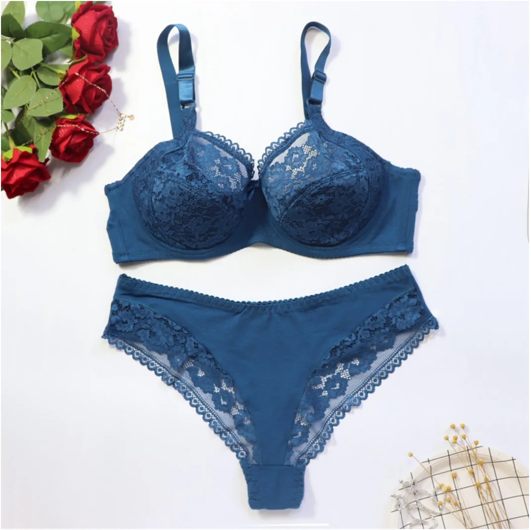 Europe and the United States fashion France lace sexy thin burst deep V  burst models retro color BCD cup bra set Color: blue, Cup Size: 70B