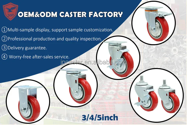 Medium duty 4 inch red 100mm pu swivel caster wheels with brake manufacture