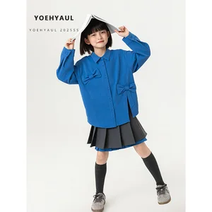 YOEHYAUL CD1533 Plain Big Girl Kids Shirts for Boutique Blue Casual Children's Polo Shirt with Bow Teen Kids Long Sleeve T-shirt