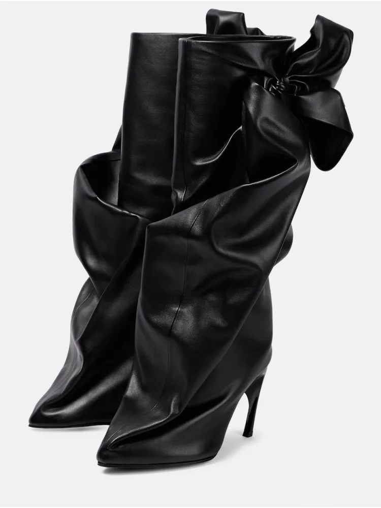 Fashion Black Leather Pointed Toe Bow Knotted Pants High Heel Women Knee High Boots - Image 2