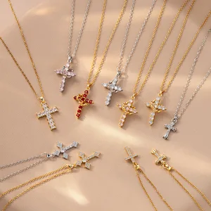 MW Waterproof Stainless Steel Luxury Gemstone Necklace Christian Pendant 18K Gold Plating Diamond Cross Pendant Necklace