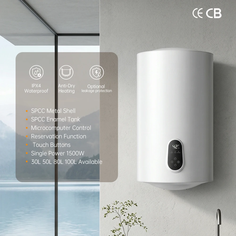 1500W 30L/50L/80L/100L Wall-Mounted LED Display Touch Control Electric Water Heater for Home Hotel Commercial & Shower Use