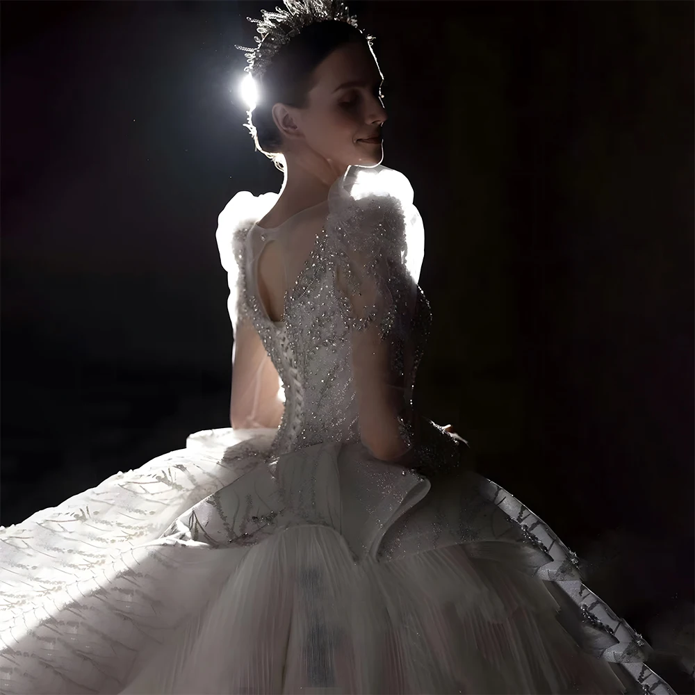 White V-Neck Flare Sleeve Wedding Dresses Sequined Pearls Sparkly High-end Bridal Dress main image 1