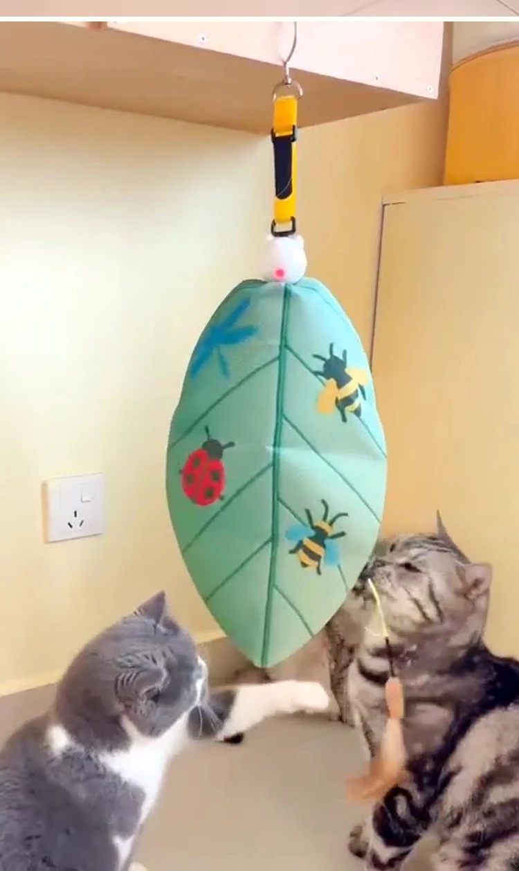 New Leaf Shaped USB Rechargeable Smart Cat Toy with Lanyard Retractable Feather Anti Boredom Pet Products factory