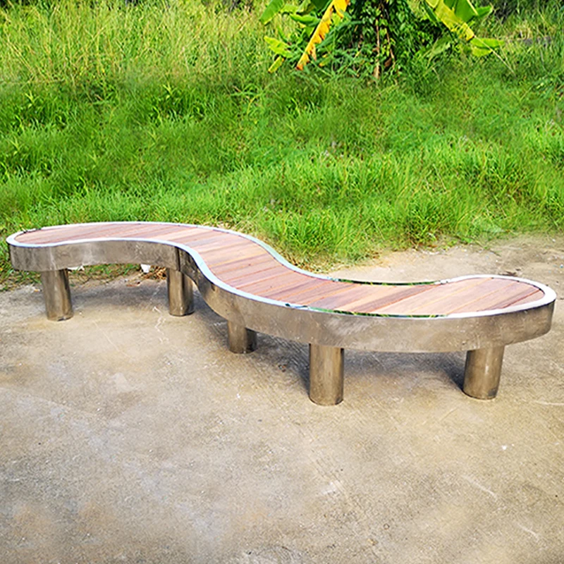 Y823 Outdoor Curved Wooden Art Chair Modern Outdoor Luxurious Metal Frame  Bench Chairs for Hotel Park square Garden Furniture