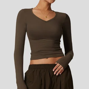 Lightweight Breathable V-Neck Long Sleeve Yoga Top Quick-Drying High Stretch Fitness Sports Pilates Clothing with Naked Feeling