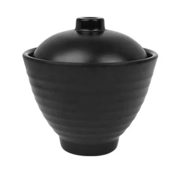 Japanese Miso Soup Serving 4 Inch Black Matte Melamine Rice Bowl with lid