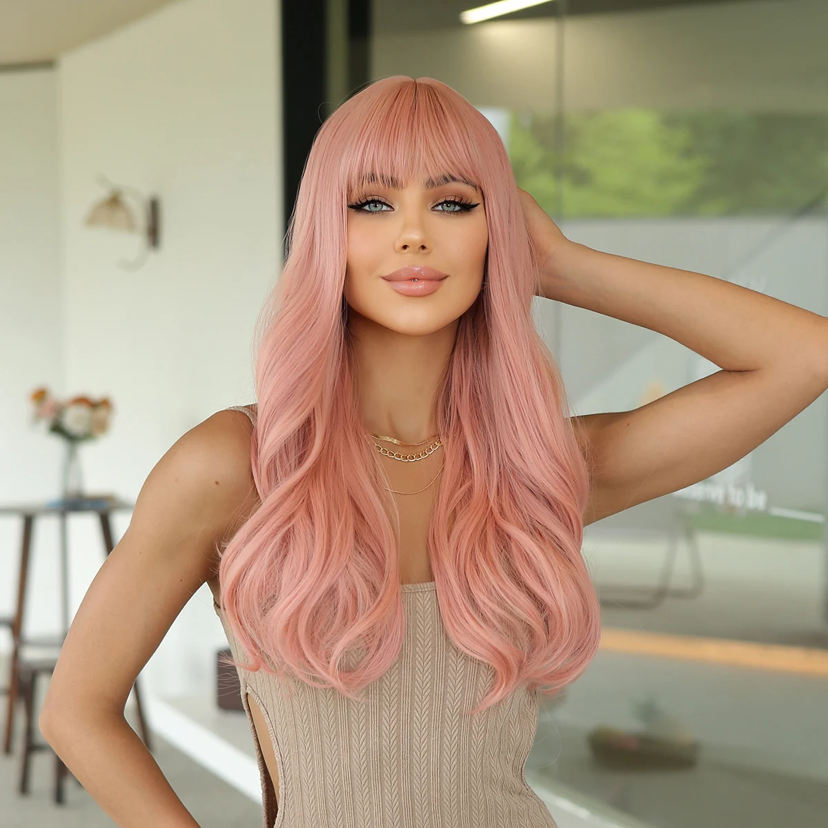 Wig Female 24inch Pink Orange Big Wave Long Curly Qi Bangs High