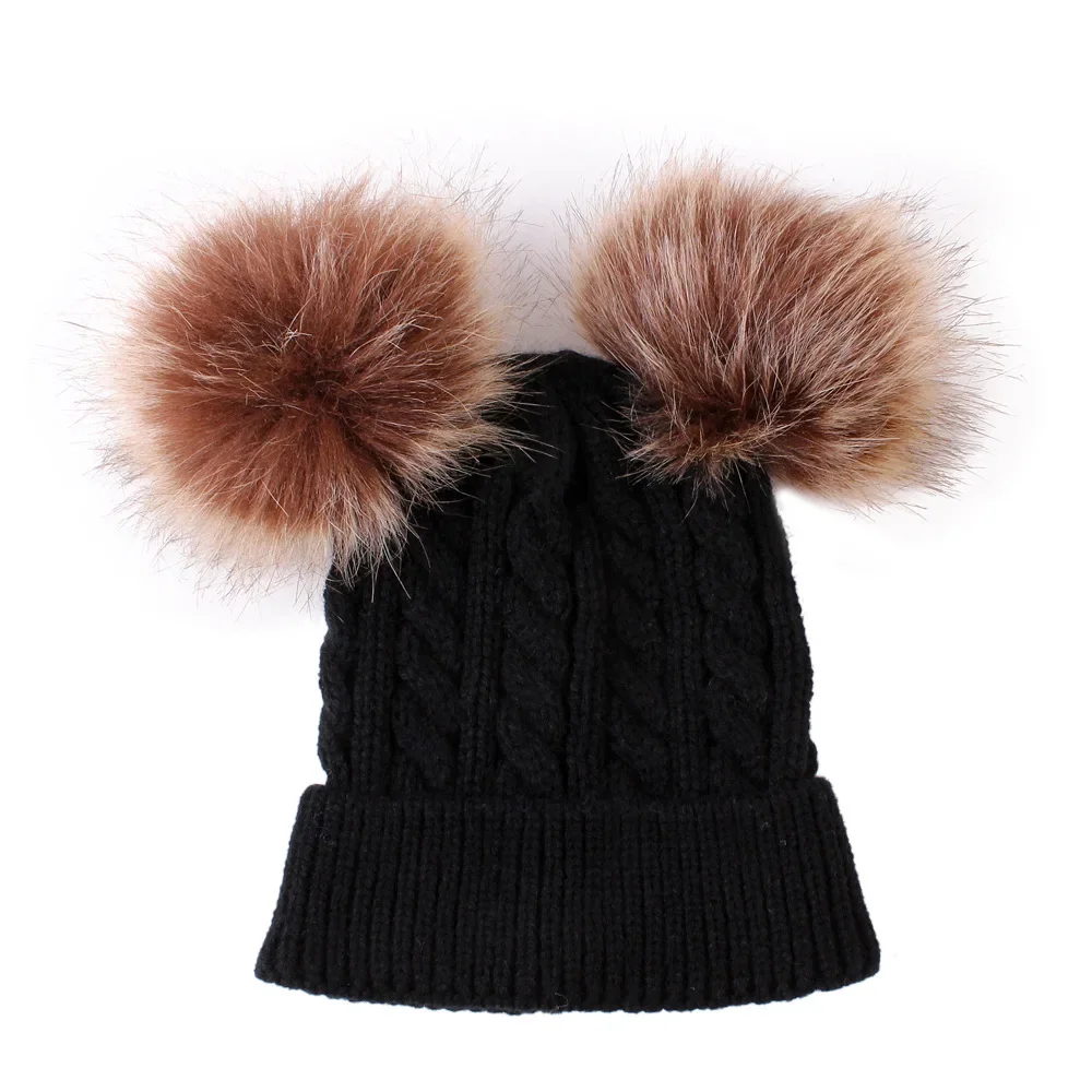 Thick Knitted Beanie With Top Ball Winter Faux Fur Pom Pom Beanie ...