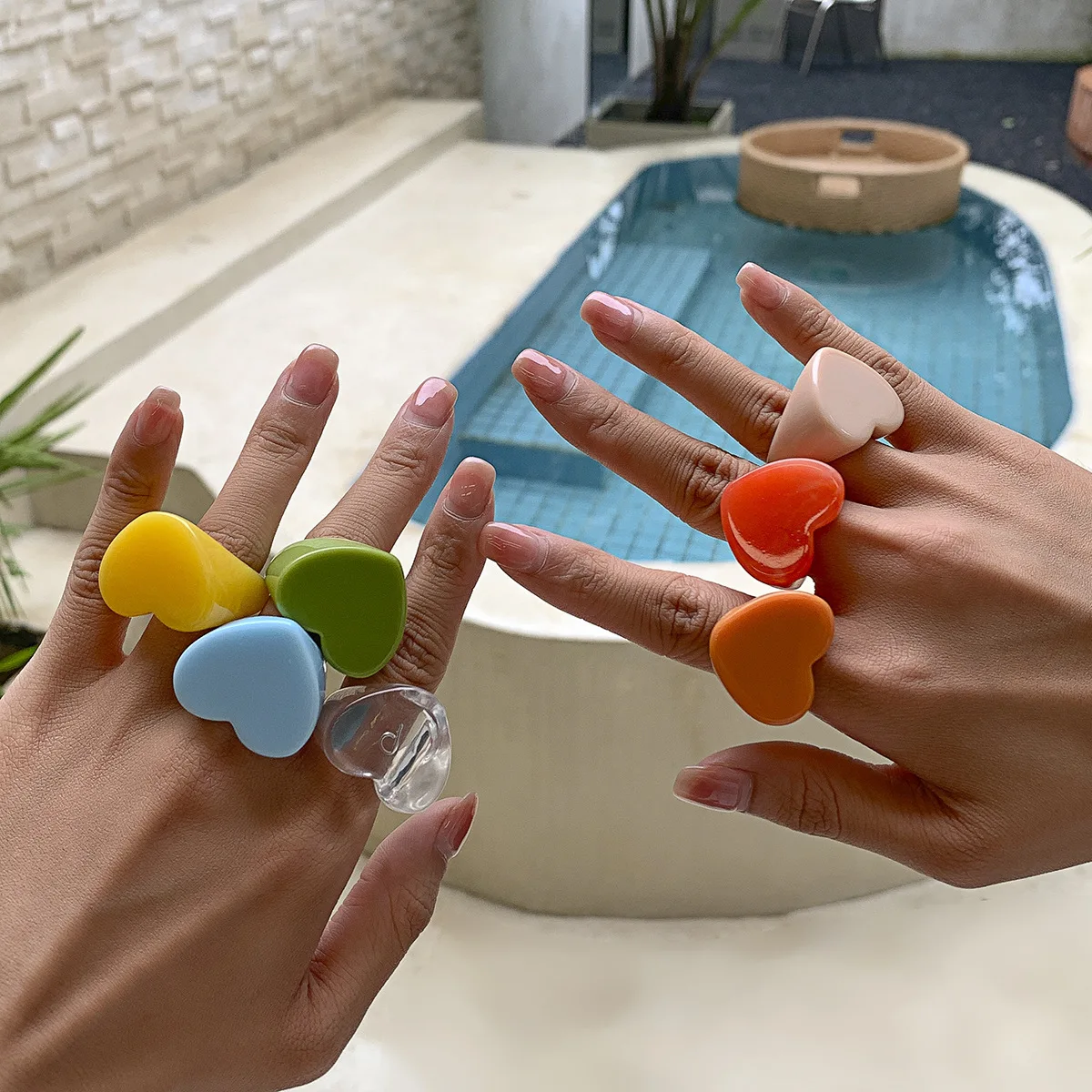 Fashion Simple Candy Color Heart Shaped Fashion Jewelry Rings Girls Cute  Chunky Wide Transparent Acrylic Resin Love Heart Ring