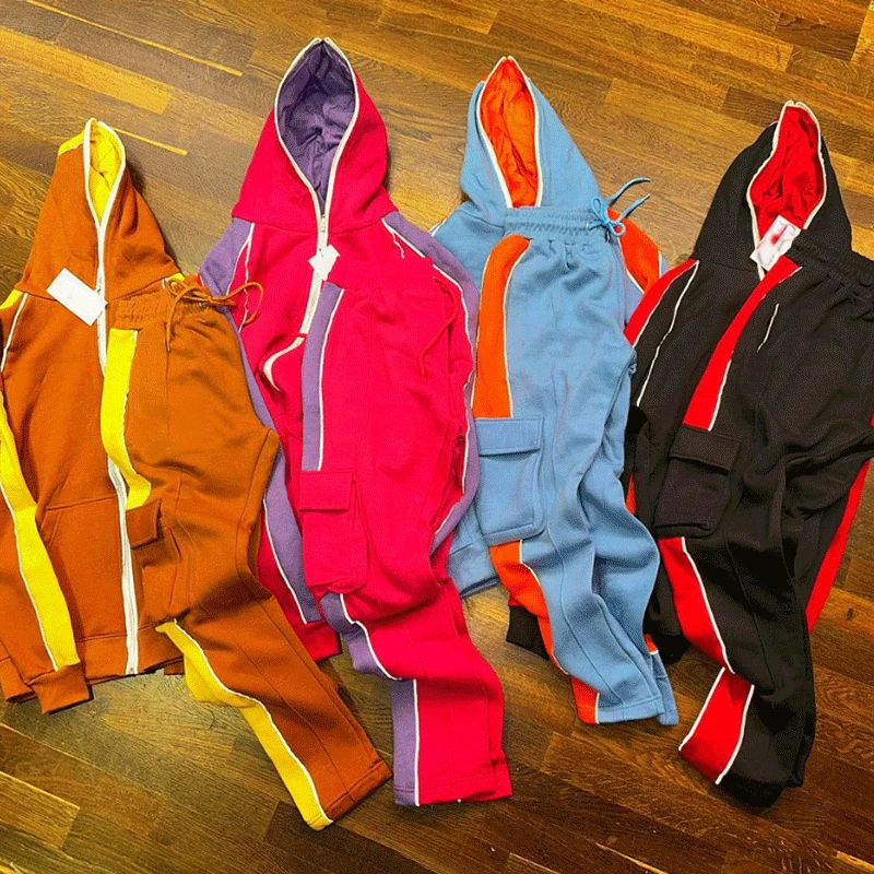 Custom Patchwork Two Tone Reflective Zip up Jacket Hoodie Fit Joggers Suit  Sweat Pants Cargo Pant Sweatsuit Hoodies Sets Fot Men
