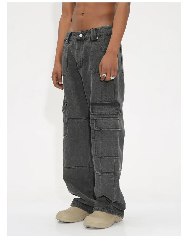 2024 Poches latérales design cargo pour jean gris droit ample gris foncé pour hommes_voghion.com