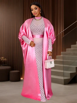 ADR051120-AOW051121 Mock Neck Tulle Bubu Dress African Inner Long Cardigan Pink Two Pieces Women Sets