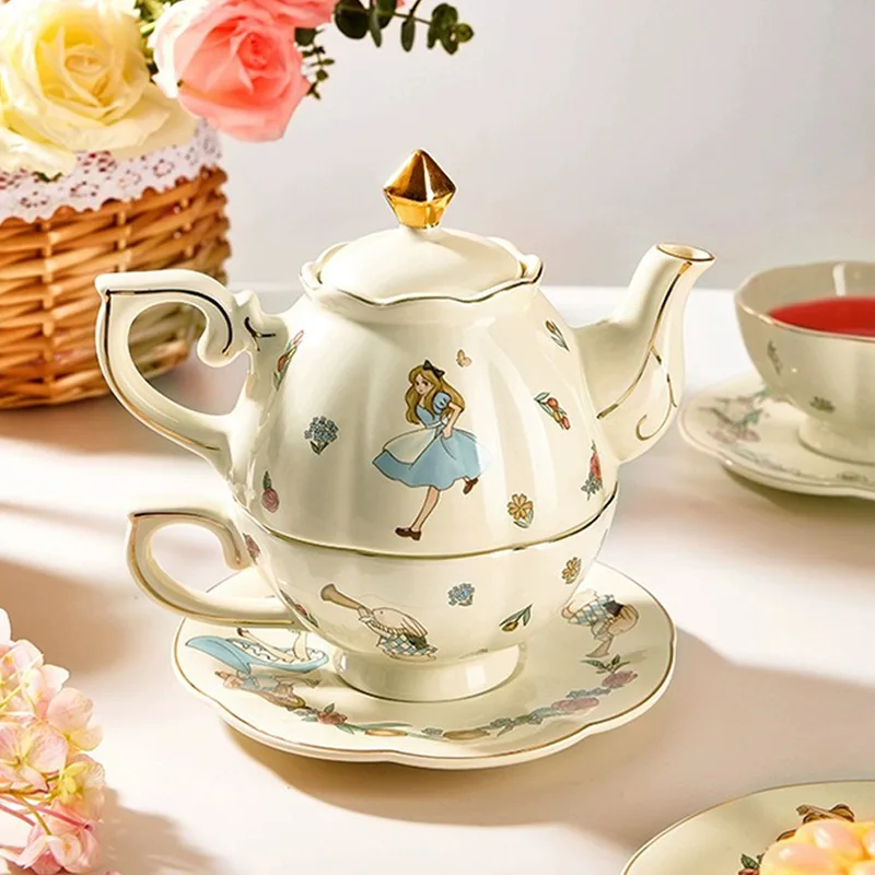 New Tea for One Girl Rabbit Ceramic Coffee Cup and Saucer Set Gold Rims Afternoon Tea Pot With Box
