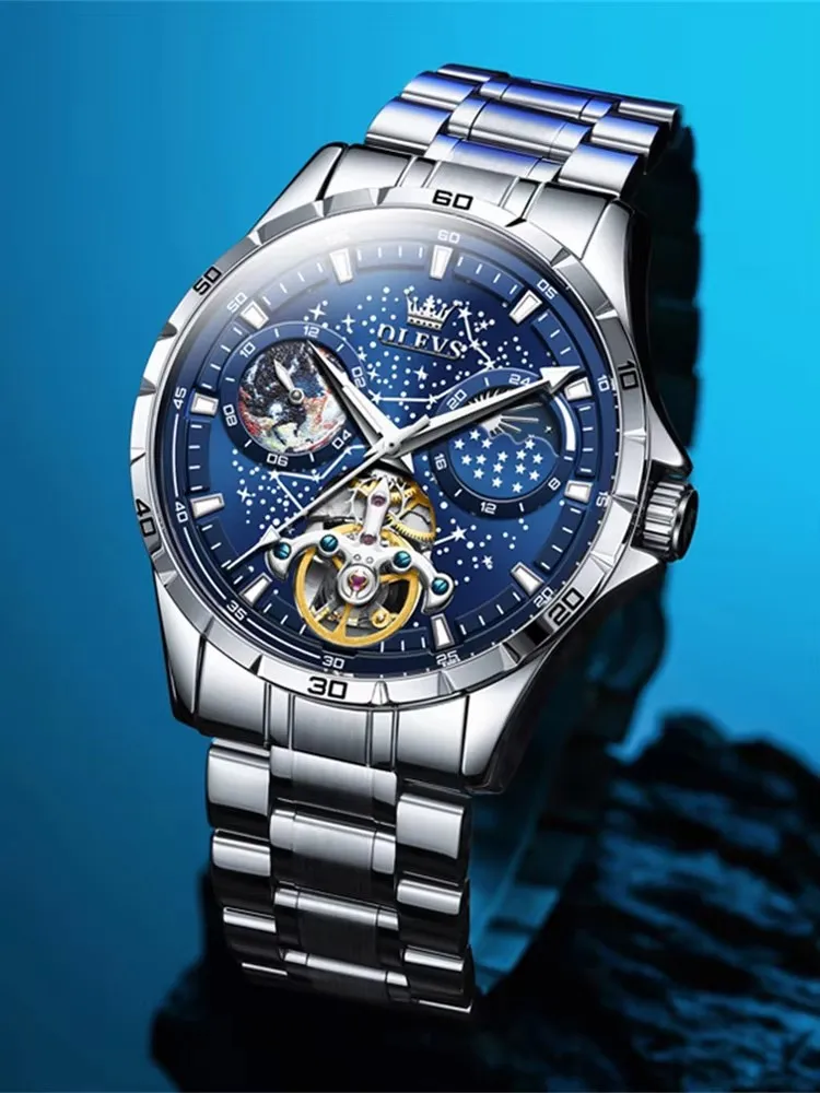 OLEVS Original Watch for Men Skeleton Flywhewl Rotating Seconds Starry Sky  Automatic Mechanical Watch Luminous Moons Watch