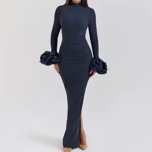 Flower Sleeve Sexy Slit  Bodycon Maxi Dress for Women Autumn Winter High-grade Club Party Ladies Long Dress