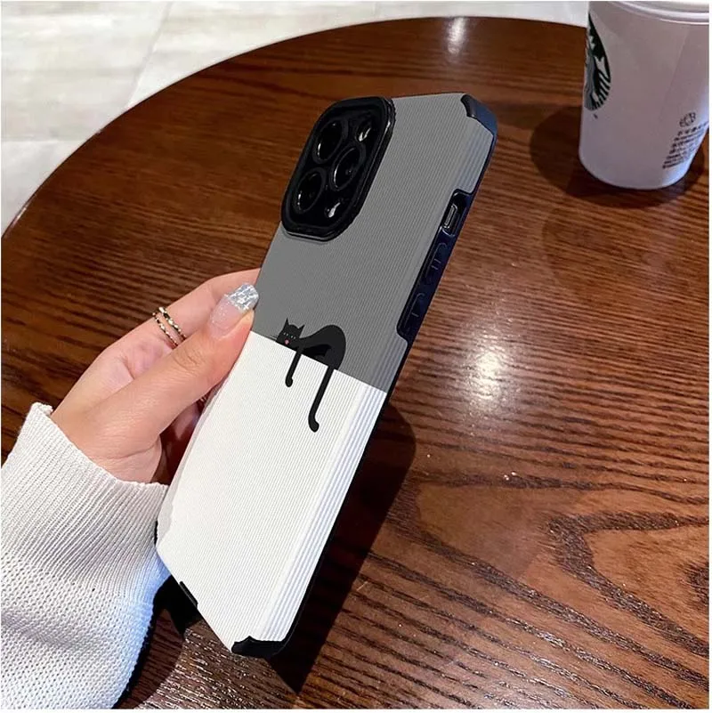 Lazy Black Cat Printing Soft TPU Artificial Leather Mobile Phone Cover Case For Iphone 6 7 8 X Xr Xs 11 12 13 14 15 16 Pro Max