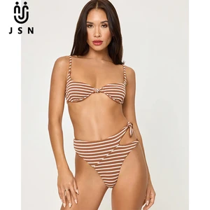 JSN 2026 Custom New Design Striped Kinky Bikini Women's Sexy Bikini Two Piece Strap High Slit Swimsuit Holiday Hollow Swimwear