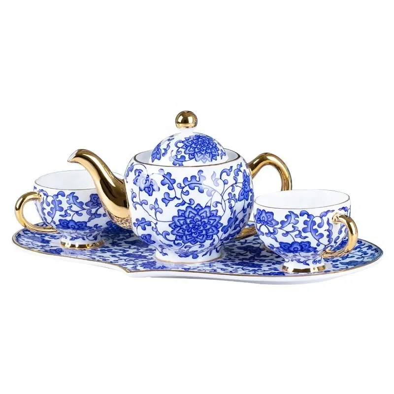 Unique Bone China Blue Pattern Colorful Bird Decal Tea Set Coffee Cup and Saucer Set