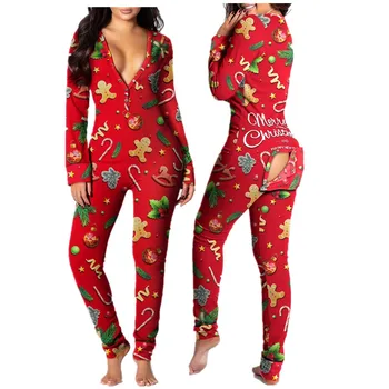 New Christmas onsies pajamas custom print adult onesie with butt flap for Xmas sleepwear pyjamas onesi for women