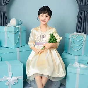 Embroidered Detail Satin Fabric Girls' Princess Traditional Dress for Christmas Festivals Customizable